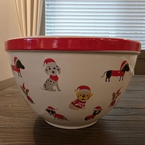 Festive Dog Print Bowl with Red Rim